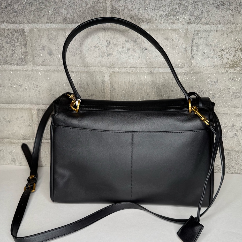 Hedexe Black Faux Leather Satchel Bag Gold Hardware Top Handle Crossbody Strap - Picture 6 of 11